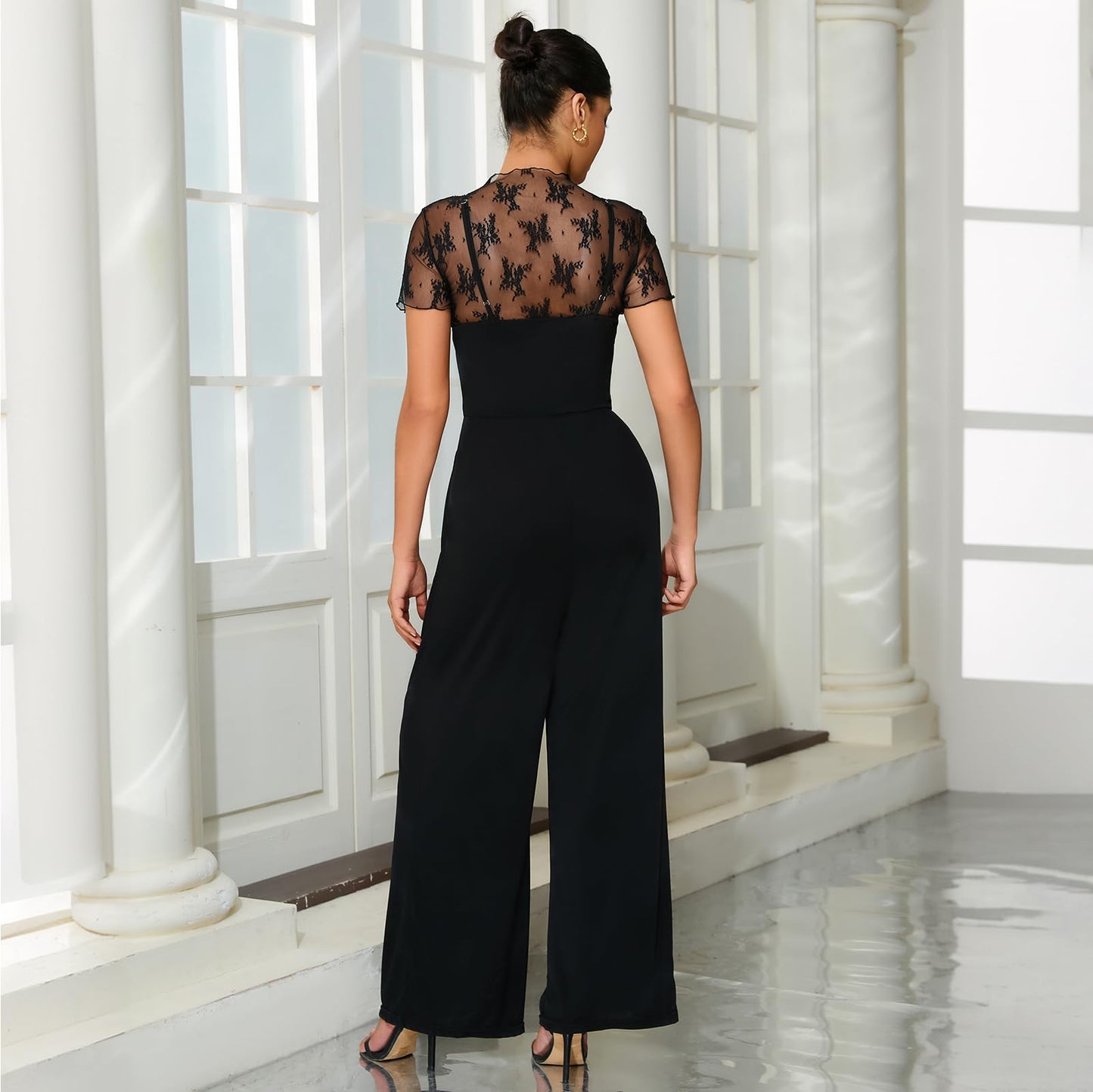 Two Piece Set – Lace Tops & Sleeveless Wide-Leg Pants, Elegant Black Jumpsuit