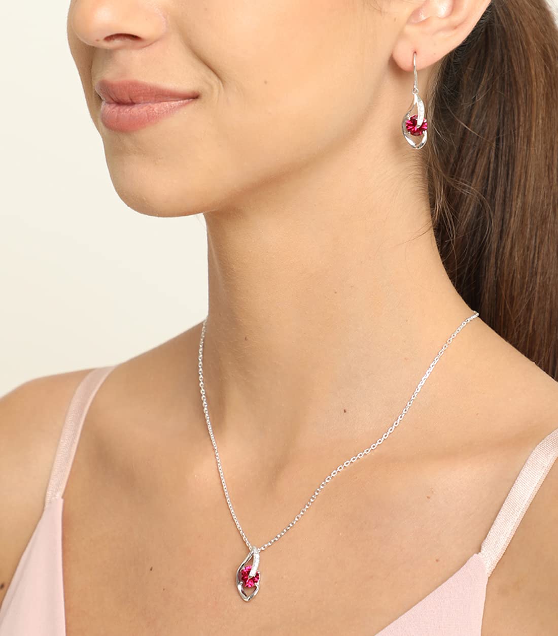 Sterling Silver Blood Red Eye Pendant Earring Chain Jewellery Set | Rhodium Plated, Swiss Zirconia