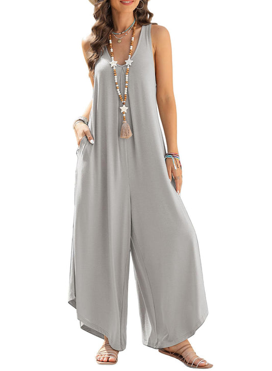 Casual Loose Fitting Wide Leg Romper Summer Sleeveless V Neck Ruched Stretchy
