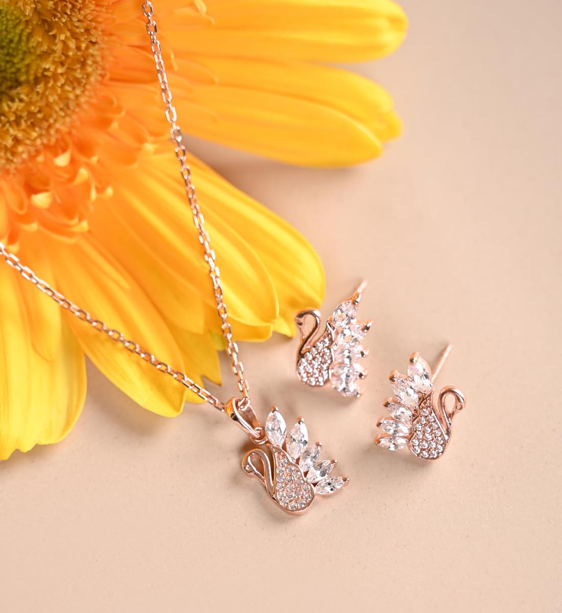 Sterling Silver Dancing Swan Pendant Earrings Chain Necklace Jewellery Set | Rose Gold Plated, Swiss Zirconia