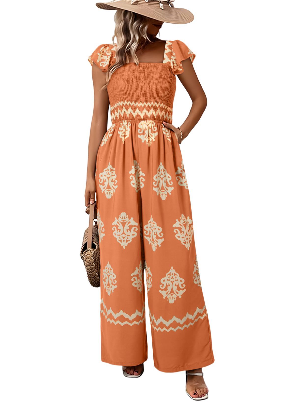 Summer Floral Print Maternity Jumpsuit Loose Fit Wide Leg Long Pant Womens Jumpers and Rompers with Pockets Fashion 2025 Orange Large