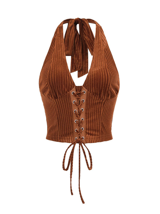 Going Out Halter Corset Tops Sleeveless Lace Up Open Back Crop Top