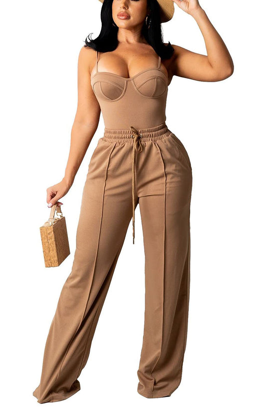 2 Piece Outfits Wide Leg Jumpsuits Summer Sleeveless Cami Tank Top and Pants Set