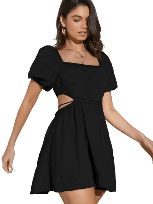 Aahwan Solid Summer Beach Square Neck Puff Sleeve Cut Out Waist Black Fit And Flare Mini Dress for Women's & Girls (263-Black-Medium)