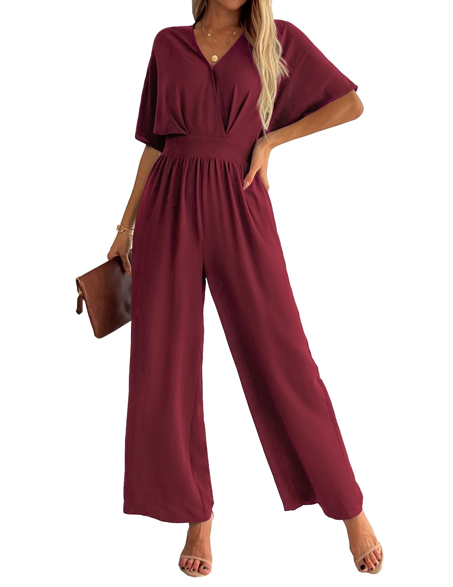 V Neck Wide Leg Pant Romper Casual Wedding Party One Piece Outfits Red