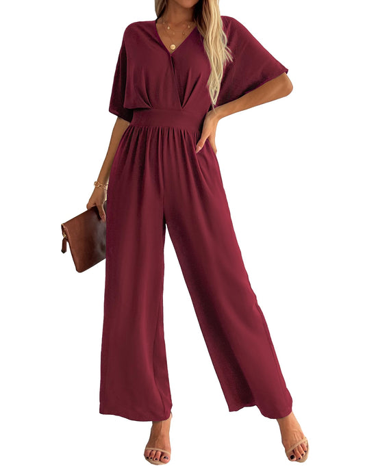 V Neck Wide Leg Pant Romper Casual Wedding Party One Piece Outfits Red