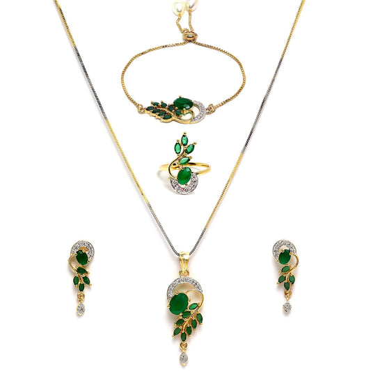 American Diamond Gold Plated Traditional Style Necklace Pendant Set, Ring, Bracelet with Earring Jewellery