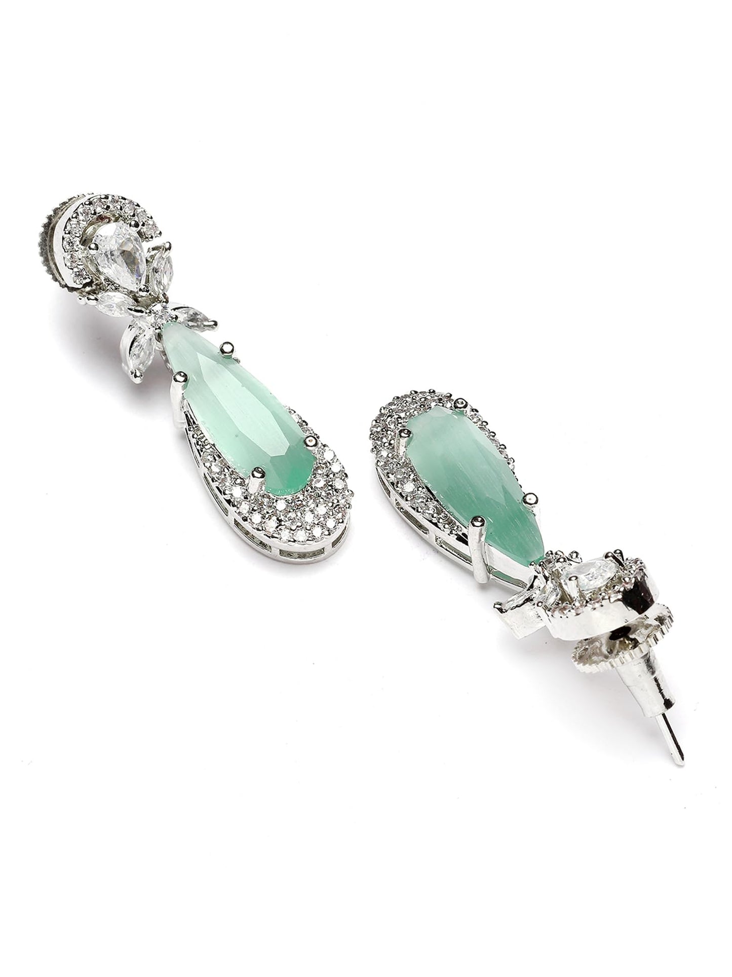 Silver Tone Blue Drop Shape American Diamond Studded Jewellery Set for Women