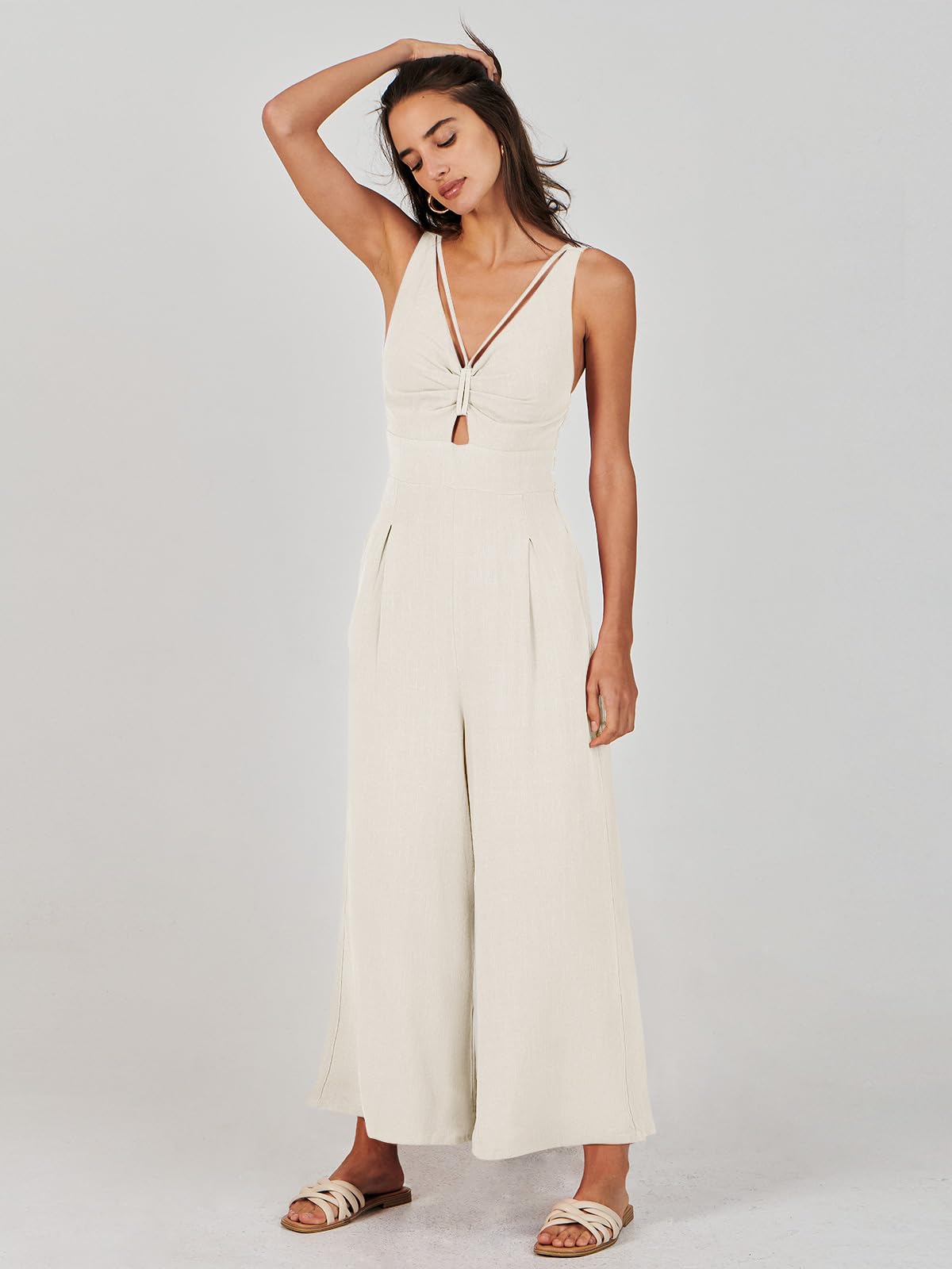 Wide Leg Sleeveless V Neck Casual Dressy Linen Pants