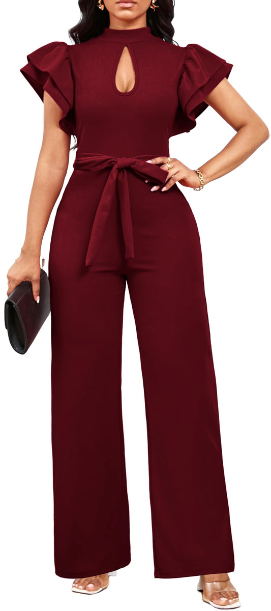 Burgundy Jumpsuits Cocktail Short Sleeve Long Straight Pants