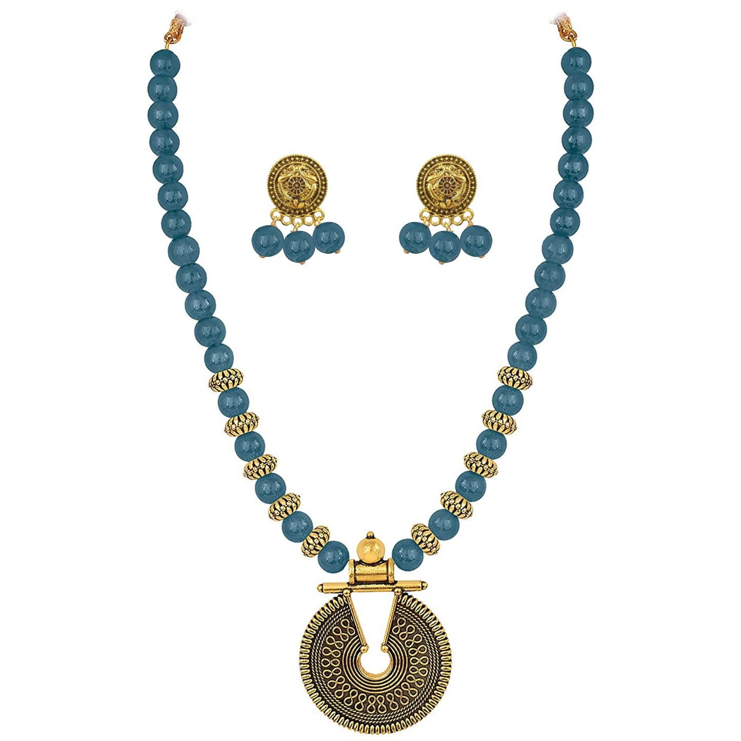 Gold Mint Green Beaded Necklace set Keyhole pendant design adjustable length designer set