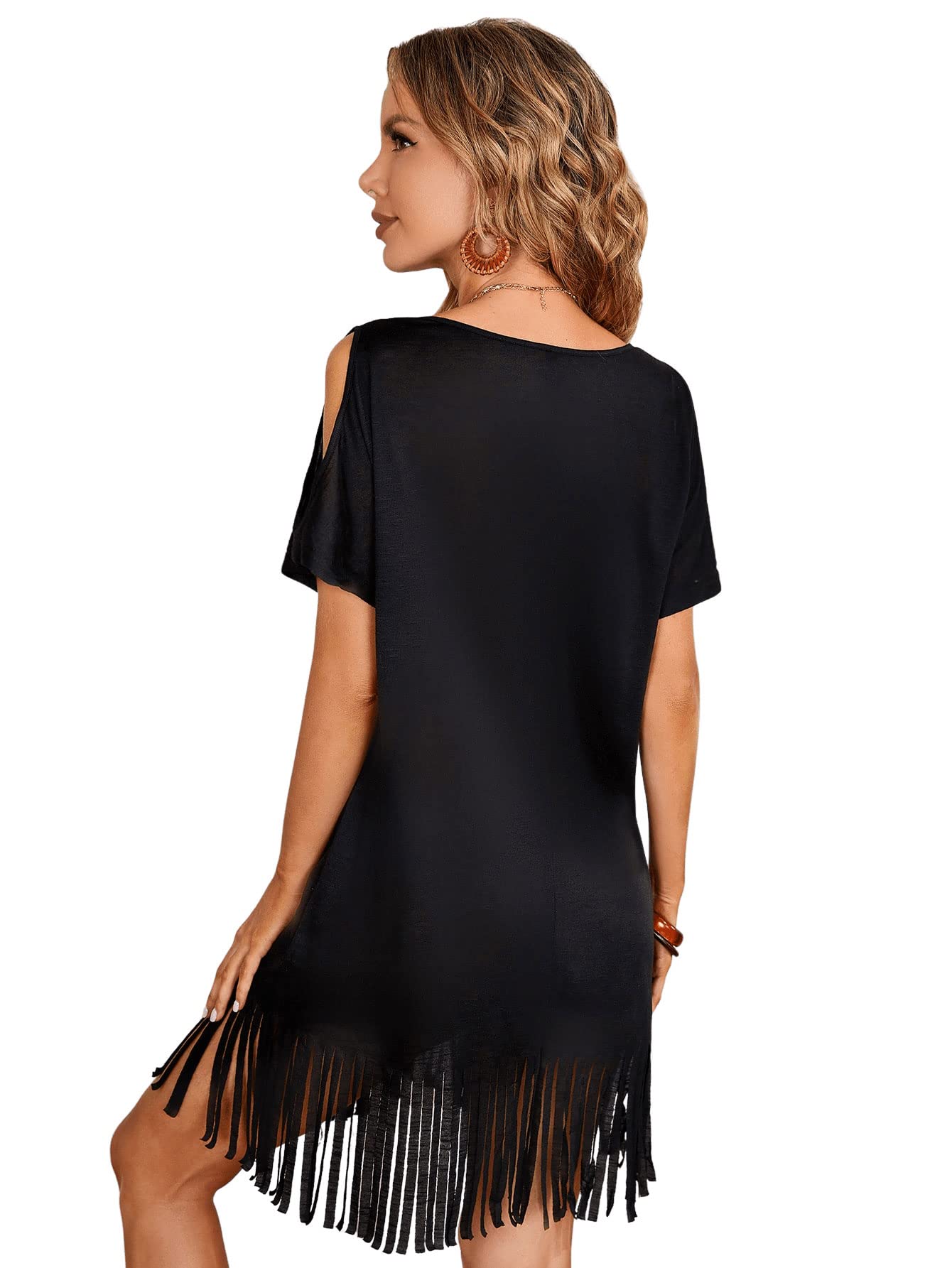 Cold Shoulder V Neck Fringe Hem Straight Dress Without Belt