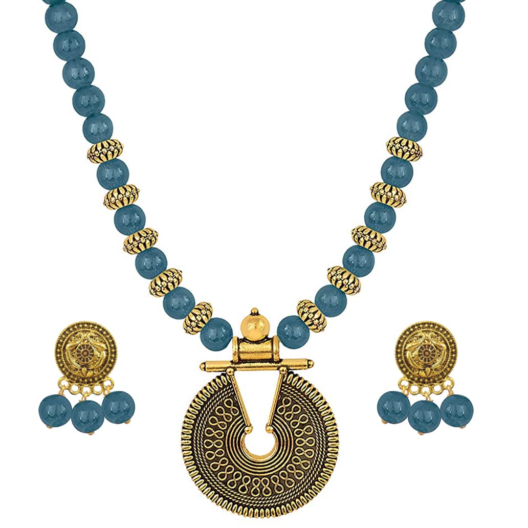 Gold Mint Green Beaded Necklace set Keyhole pendant design adjustable length designer set