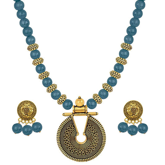 Gold Mint Green Beaded Necklace set Keyhole pendant design adjustable length designer set