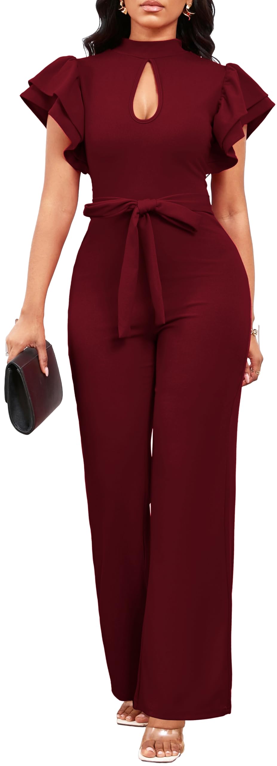 Burgundy Jumpsuits Cocktail Short Sleeve Long Straight Pants