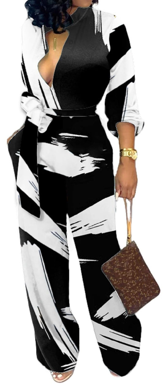 ElegantCasual Button Down V Neck Long Sleeve Sexy Black White Print Strap Straight Long Pants Rompers With Pockets