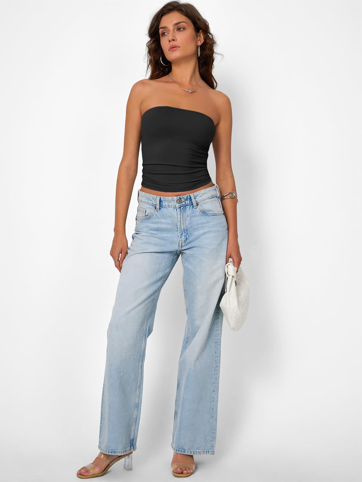 Trendy Queen Womens Strapless Tube Tops Basic Backless Sleeveless Bandeau Going Out Crop Tops Cute 2025 Summer Clothes Black M