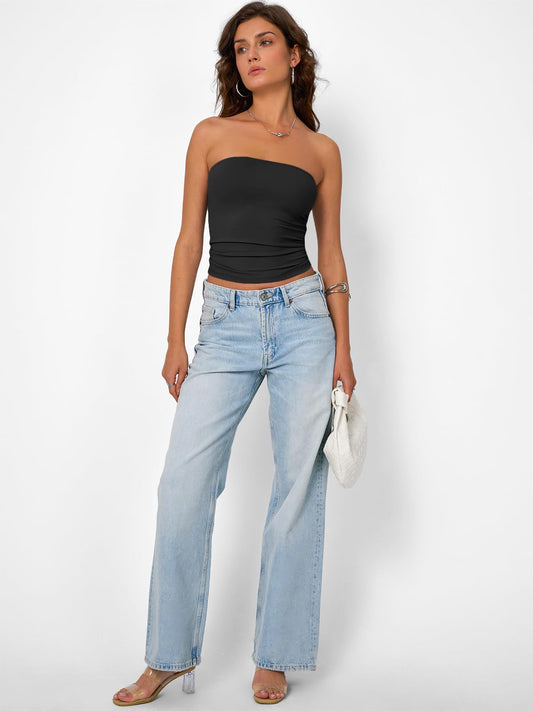 Trendy Queen Womens Strapless Tube Tops Basic Backless Sleeveless Bandeau Going Out Crop Tops Cute 2025 Summer Clothes Black M