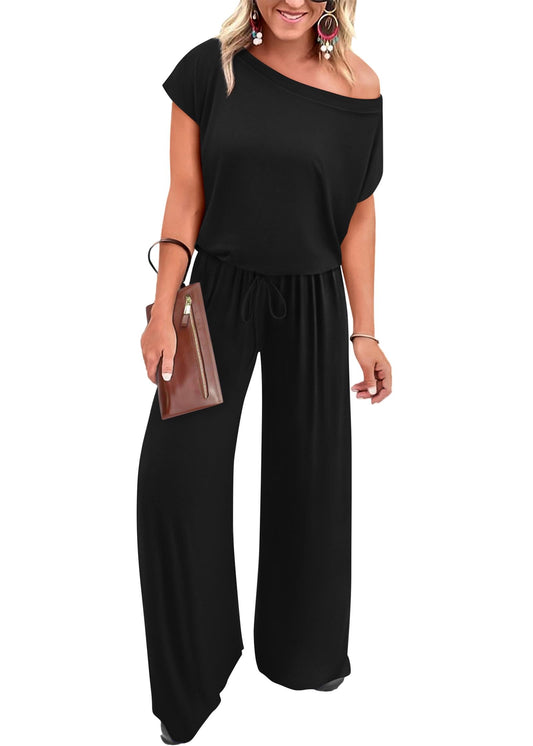 Casual Summer Loose One Piece Outfits Off Shoulder Wide Leg Jumpsuit Overalls Stretchy Long Pant Rompers with Pockets