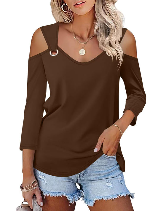 Women's V Neck 3/4 Sleeve Shirts Cold Shoulder Tops Basic Summer Tees