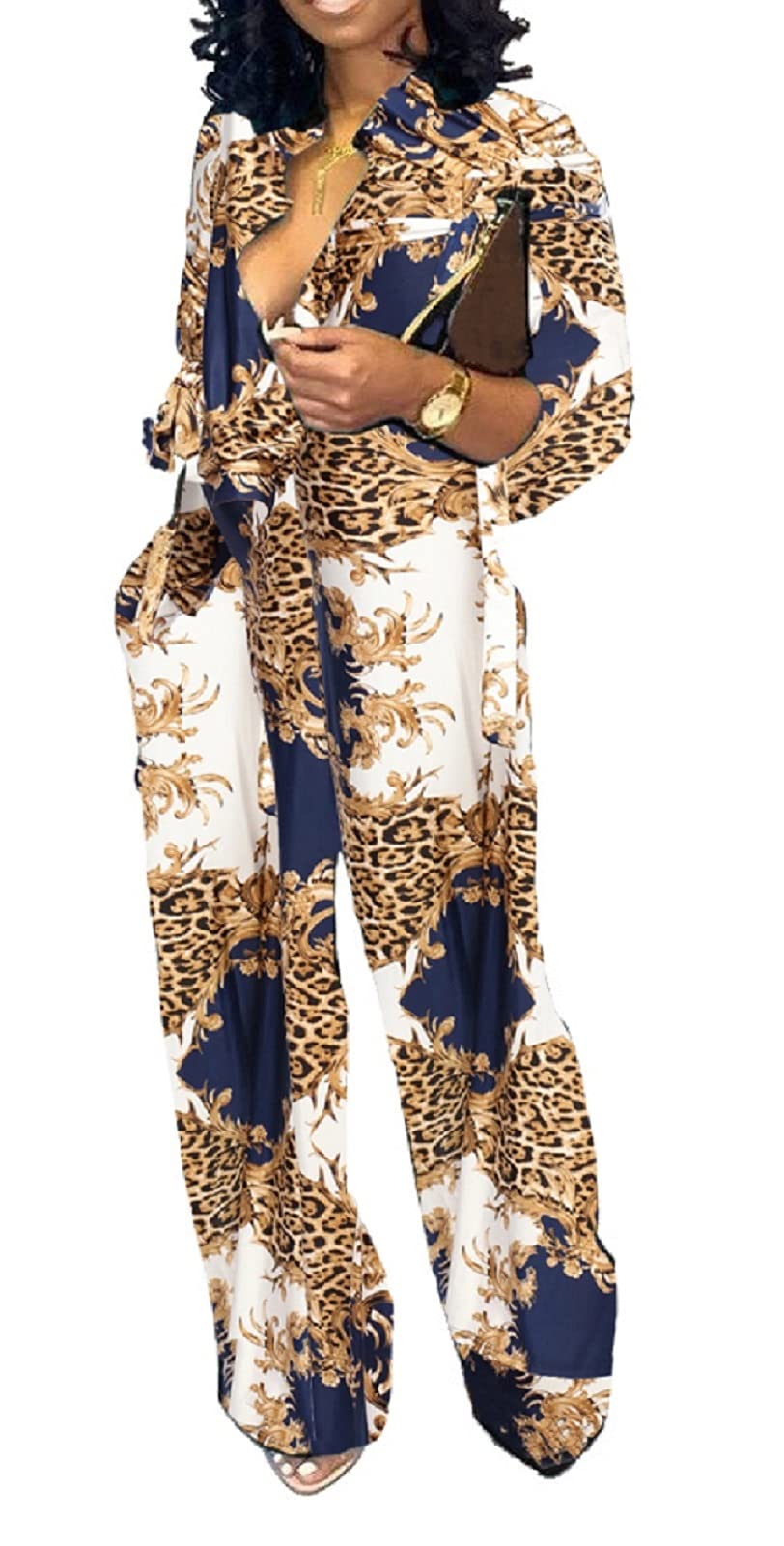 Floral Leopard Jumpsuits Long Sleeve Long Straight Pants with Pockets Belt