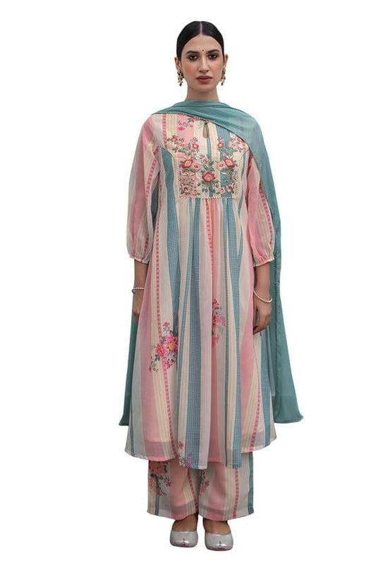 Cream Flowy Embroidered Kurti Festive Wedding wear Kurta Set with Dupatta