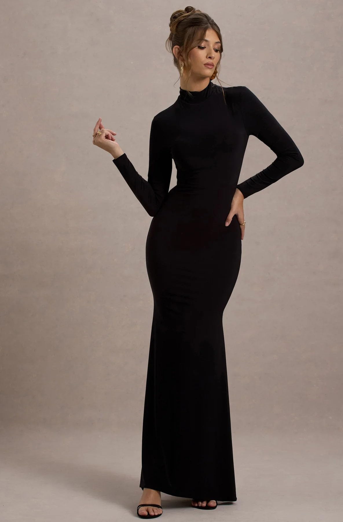 High Neck Full Sleeve Full Length Bodycon Dress for Women Black, Small
