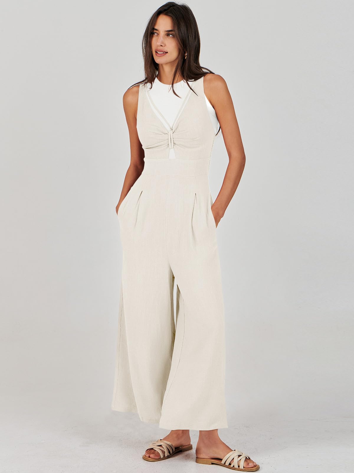 Wide Leg Sleeveless V Neck Casual Dressy Linen Pants