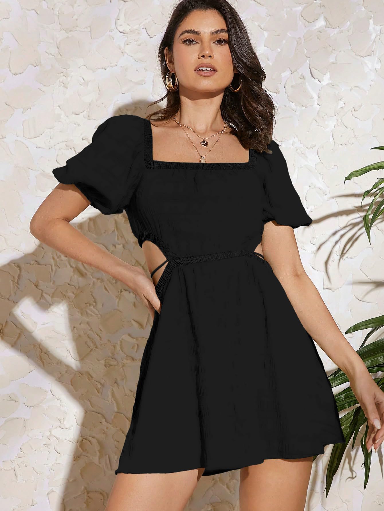 Aahwan Solid Summer Beach Square Neck Puff Sleeve Cut Out Waist Black Fit And Flare Mini Dress for Women's & Girls (263-Black-Medium)