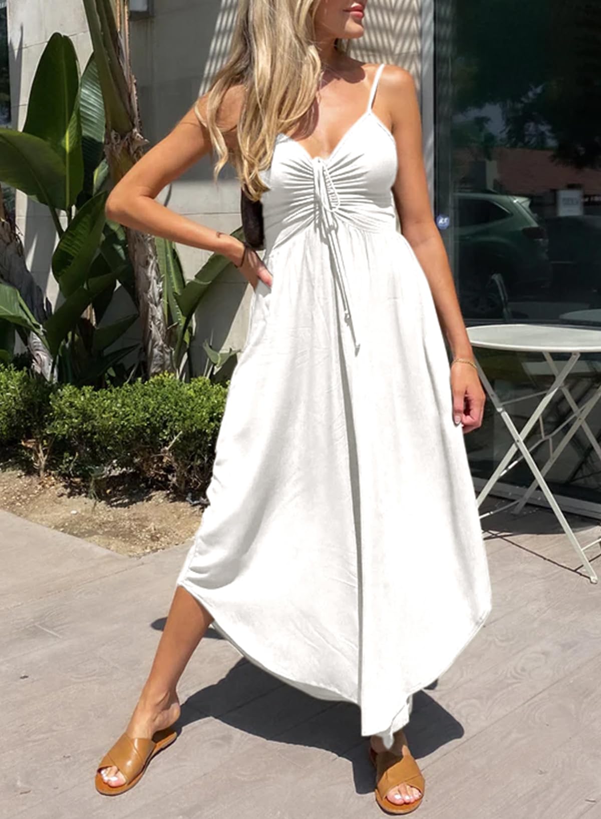 V-Neck Spaghetti Straps Fashion Ruched Drawstring Smocked Wide Leg Rompers