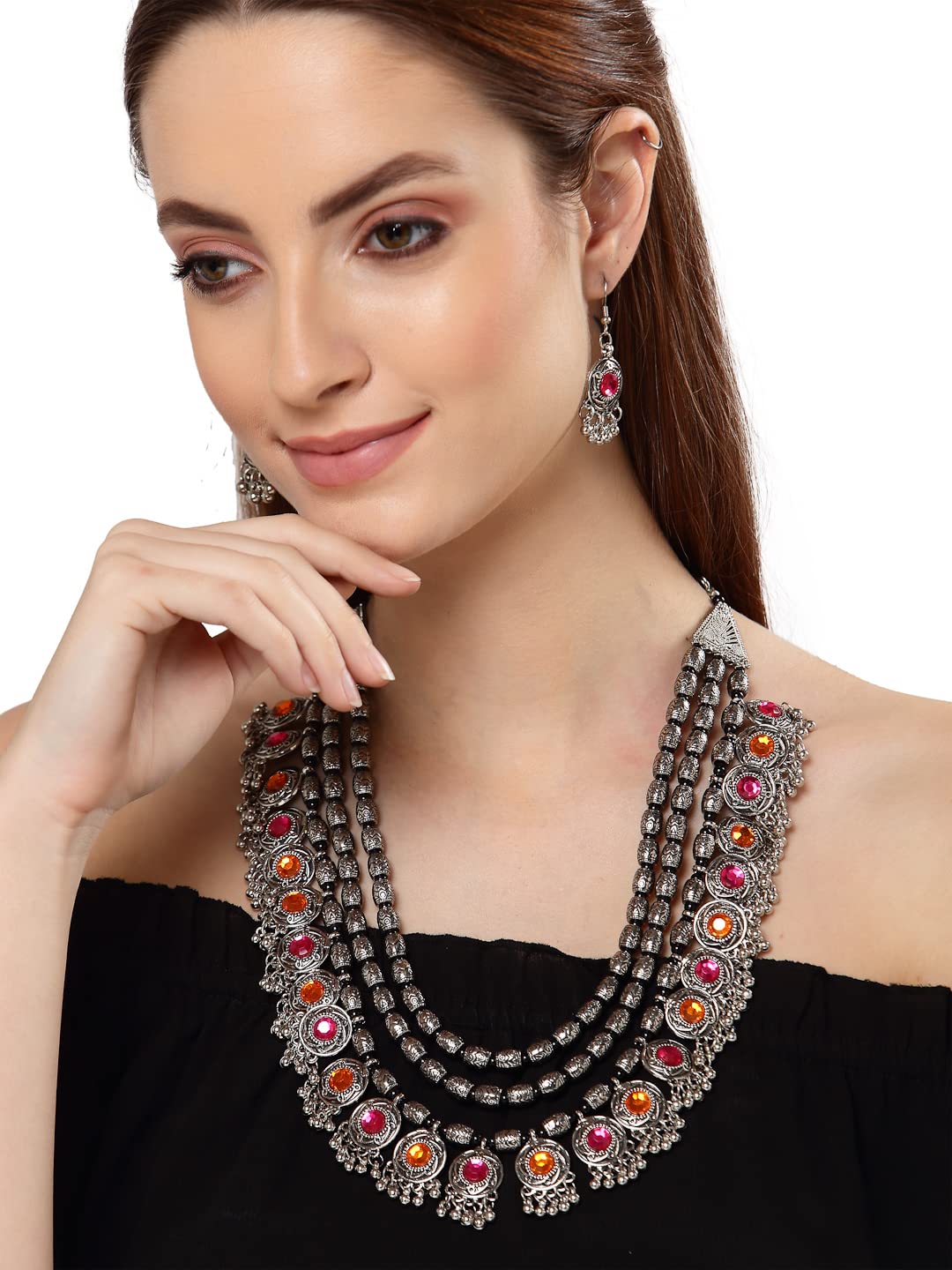 Stylish Fancy Oxidised Silver Tribal Necklace Jewellery Set