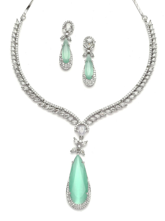 Silver Tone Blue Drop Shape American Diamond Studded Jewellery Set for Women