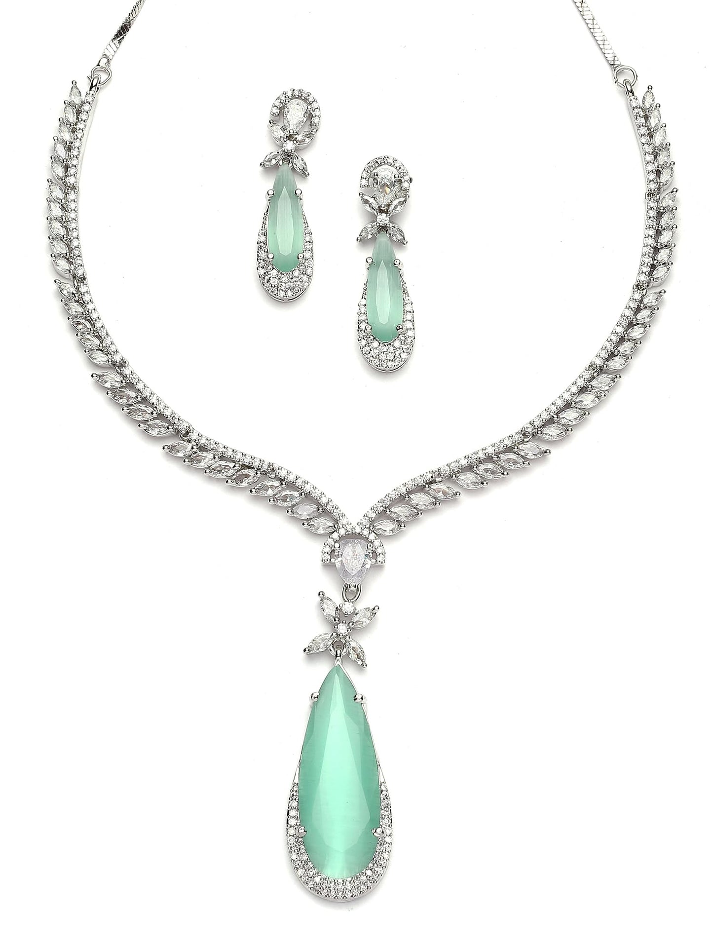 Silver Tone Blue Drop Shape American Diamond Studded Jewellery Set for Women
