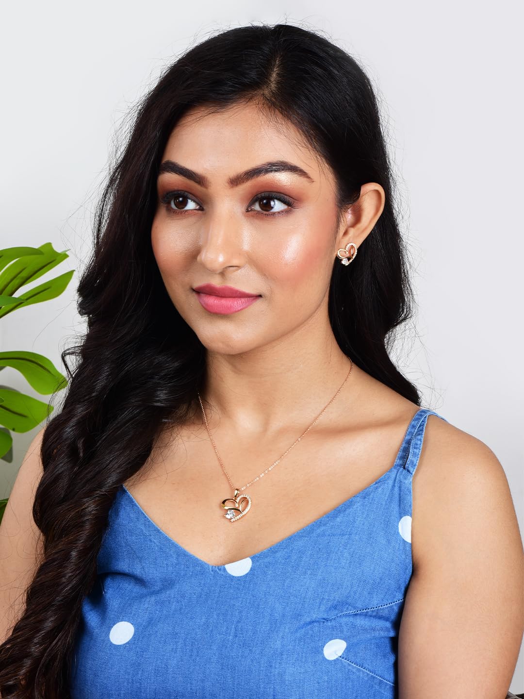 Stylish 18k Rose Gold Plated American Diamond Chain Pendent Necklace & Earrings Set for Women & Girls, Luxury AD Pendant Gift Set for Women, Girls & Her