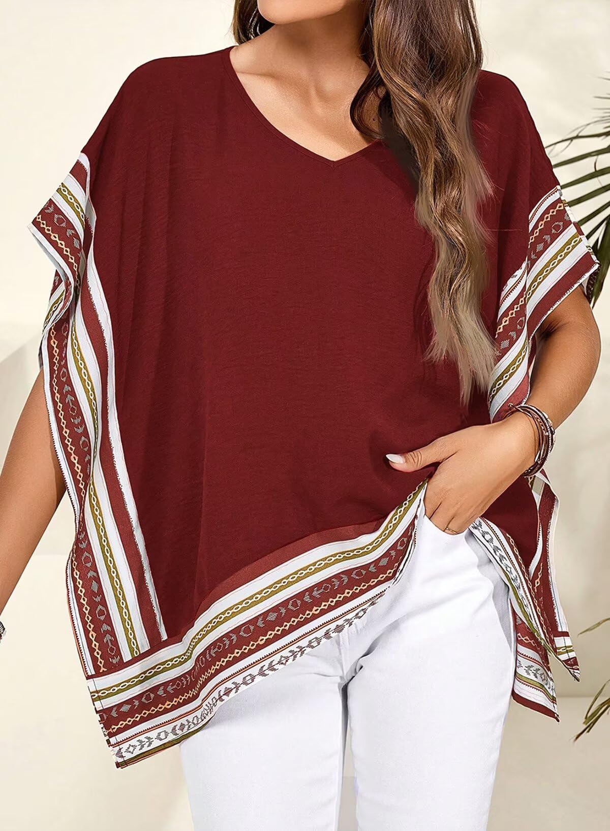 Women's Casual V Neck Floral Tops Batwing Sleeve Loose Fitting Shirts  Flowy Side Slit Tees