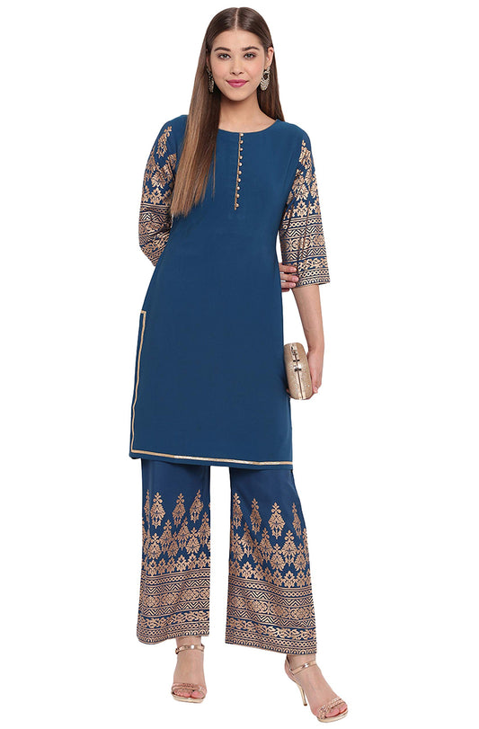 Teal Embellished Kurta Kurti Top Tunic Festive Wedding Party wear Kurta with Bottom