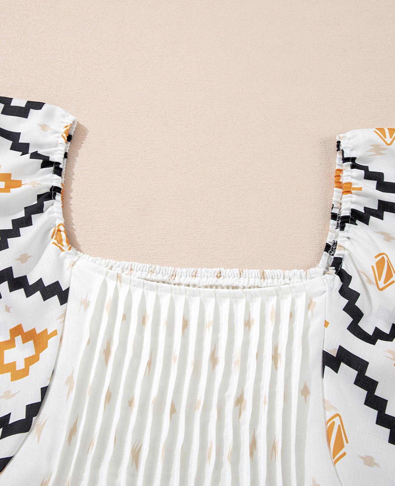 Summer Short Sleeve Square Neck Western Aztec Mini Dress Flowy Pleated A-Line Casual Dresses