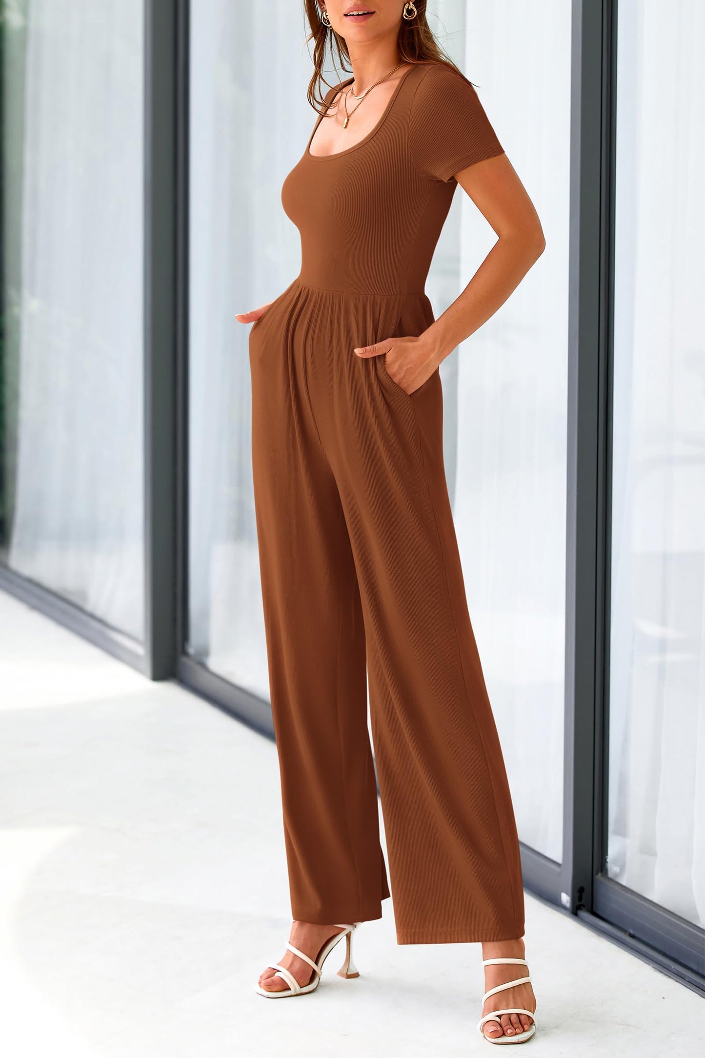 Dressy Casual Short Sleeve Square Neck Wide Leg Jumpsuit Rompers