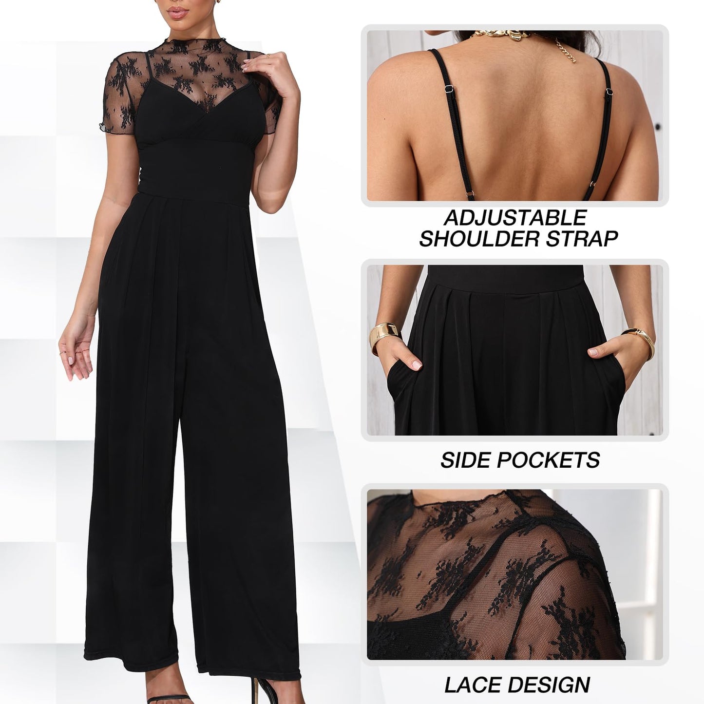 Two Piece Set – Lace Tops & Sleeveless Wide-Leg Pants, Elegant Black Jumpsuit