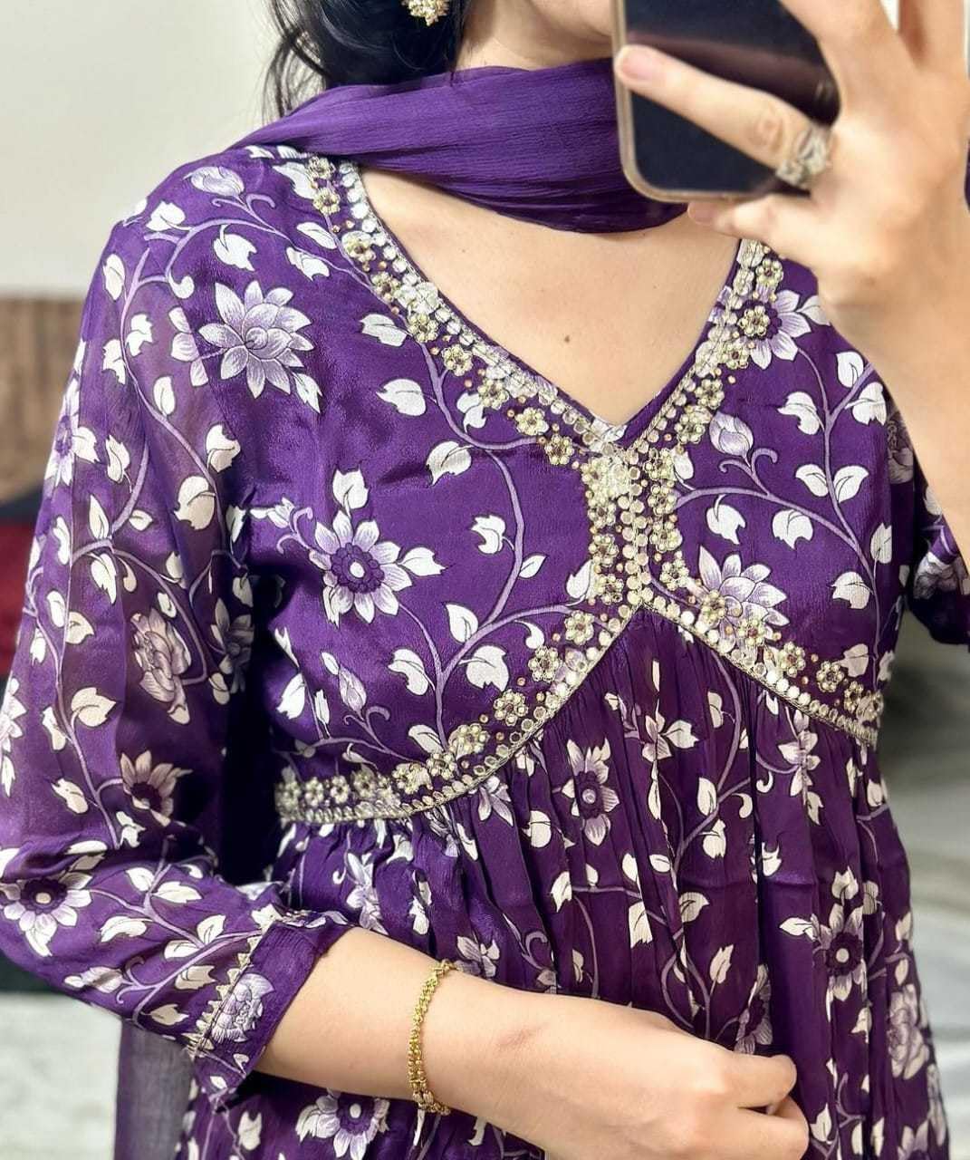 Flower Printed Alia Cut Kurti Pant and Dupaata Set