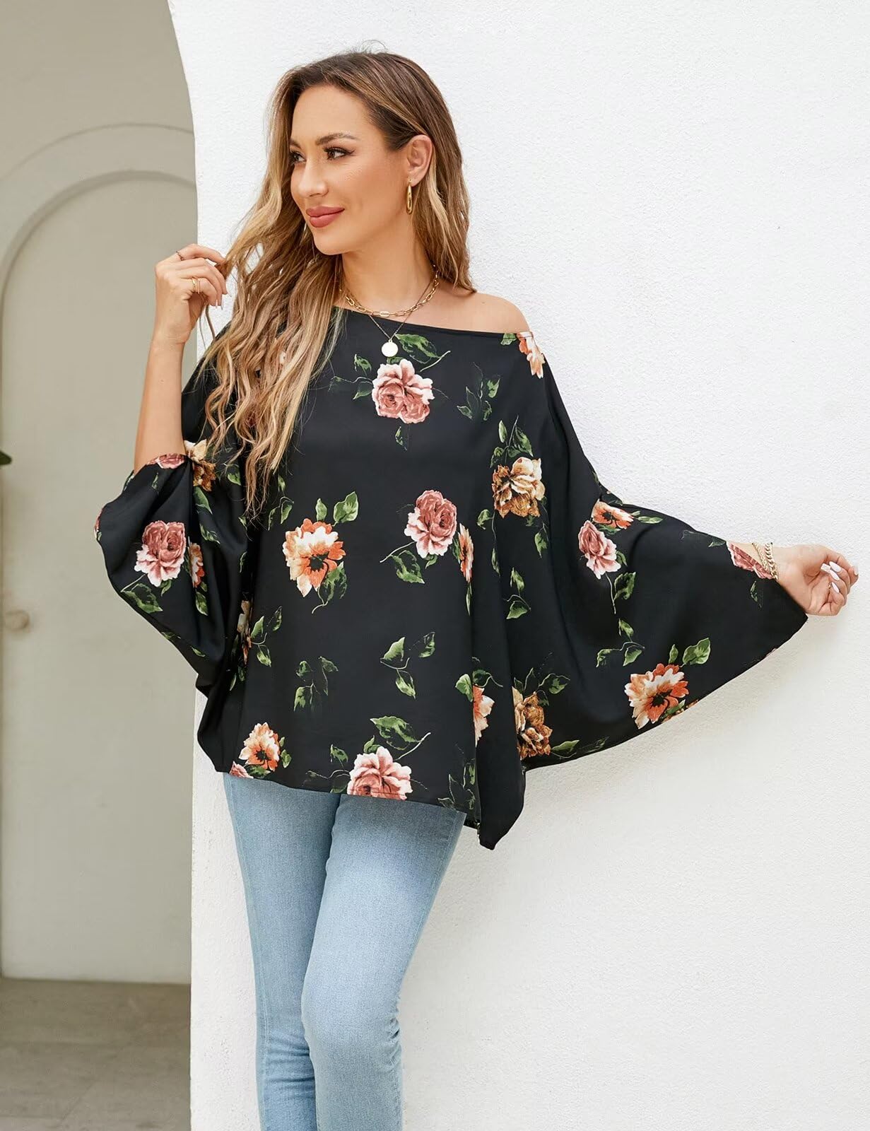 Off The Shoulder Flowy Tops Casual Batwing Sleeves