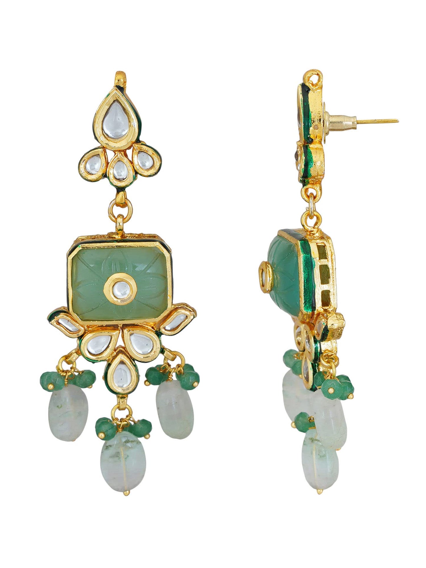 Elegant Long Kundan Necklace with Mint Quartz Beads-Bollywood Style