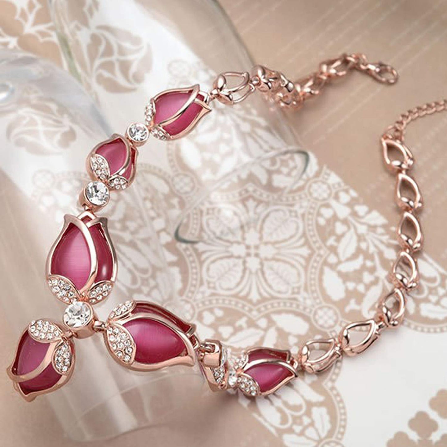 Latest Stylish Rose Gold Tulip Design Earrings Necklace Jewellery Set