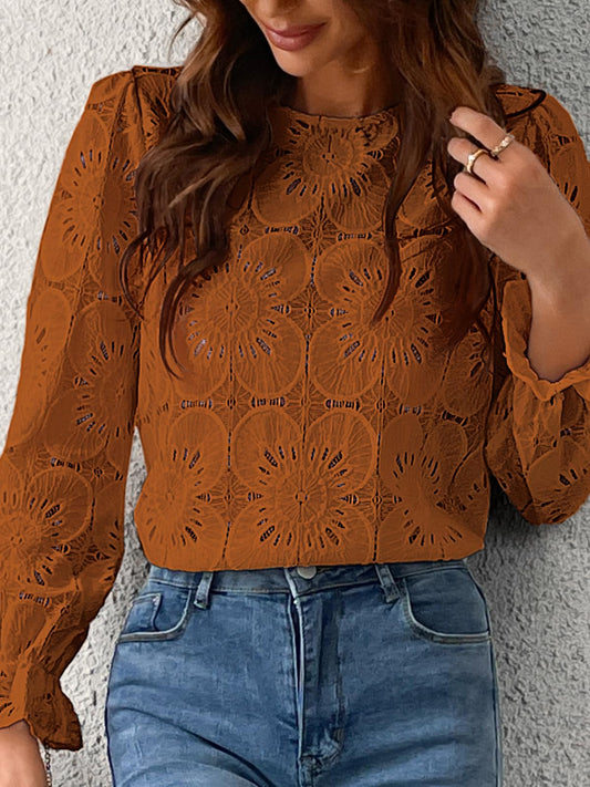 Women Eyelet Long Sleeve Tops Shirts Dressy Hollow Out Crochet Lace Embroidered