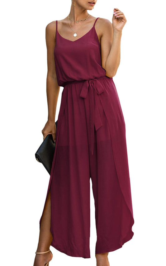 Long Pants Jumpsuit: Spaghetti Strap Casual Wide Leg Romper Summer V Neck Flowy Overalls with Belt Wine Red