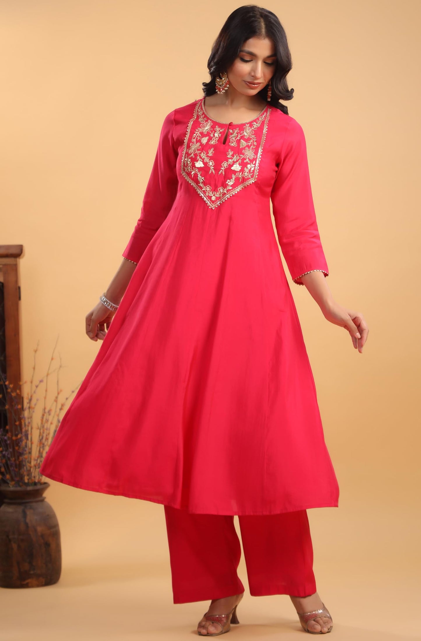 Anarkali Pink Yoke Embroidery Festive Calf Length Kurti Set
