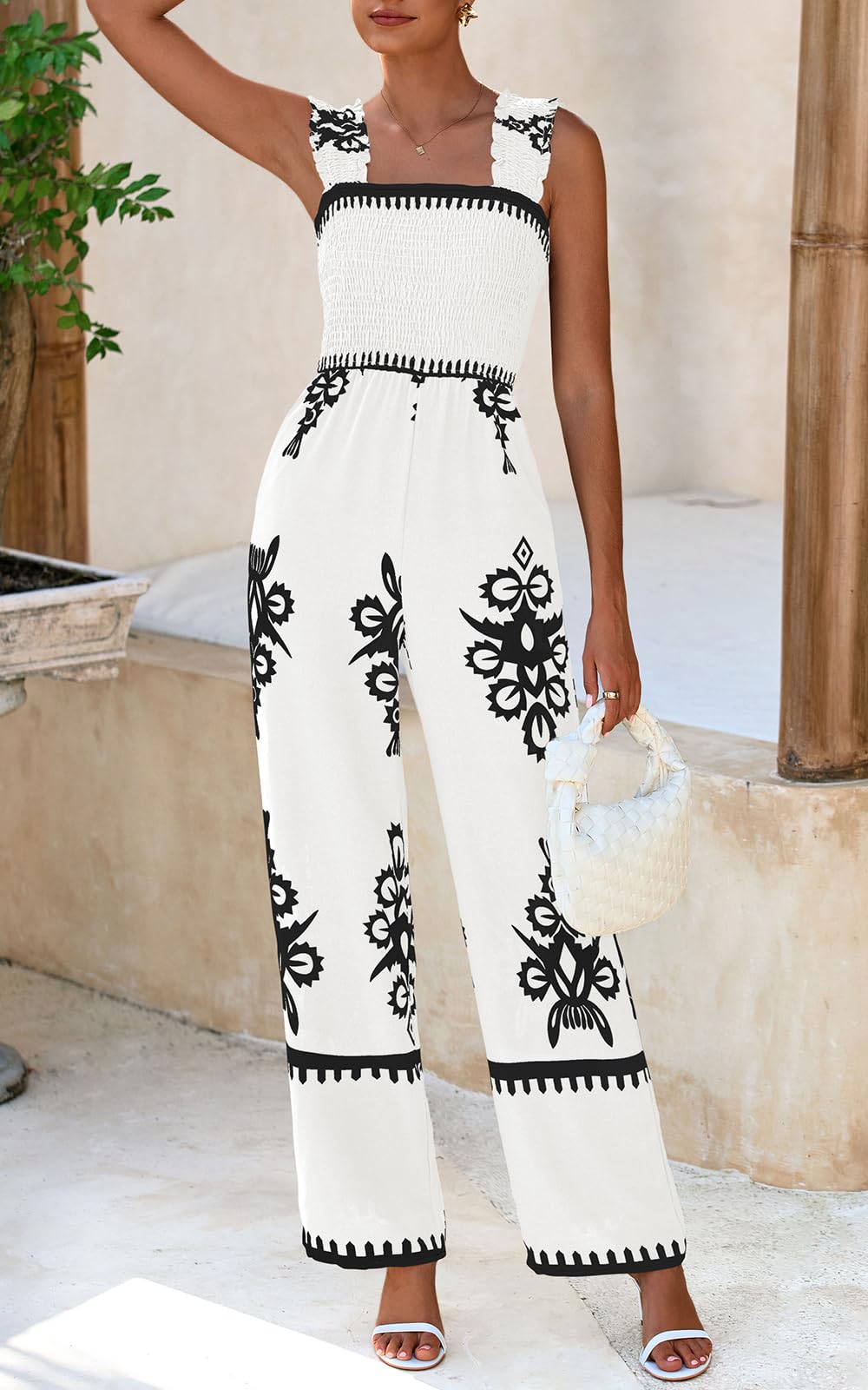 One PieceSummer Outfits Shirred Strap Wide Leg Long Pants Rompers With Pockets