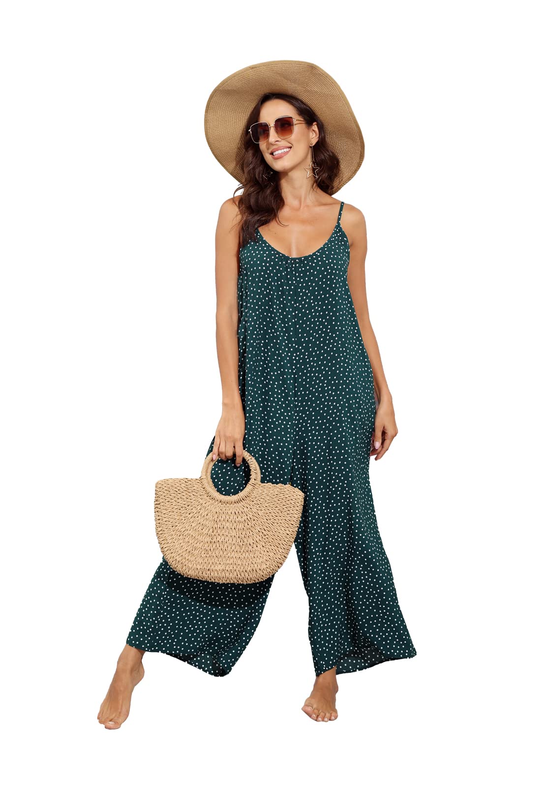 Floral Printed Jumpsuits Sleeveless Spaghetti Strap Rompers Wide Leg Pants with Two Pockets
