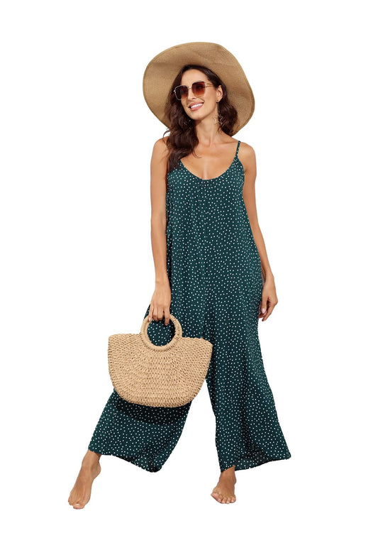 Floral Printed Jumpsuits Sleeveless Spaghetti Strap Rompers Wide Leg Pants with Two Pockets