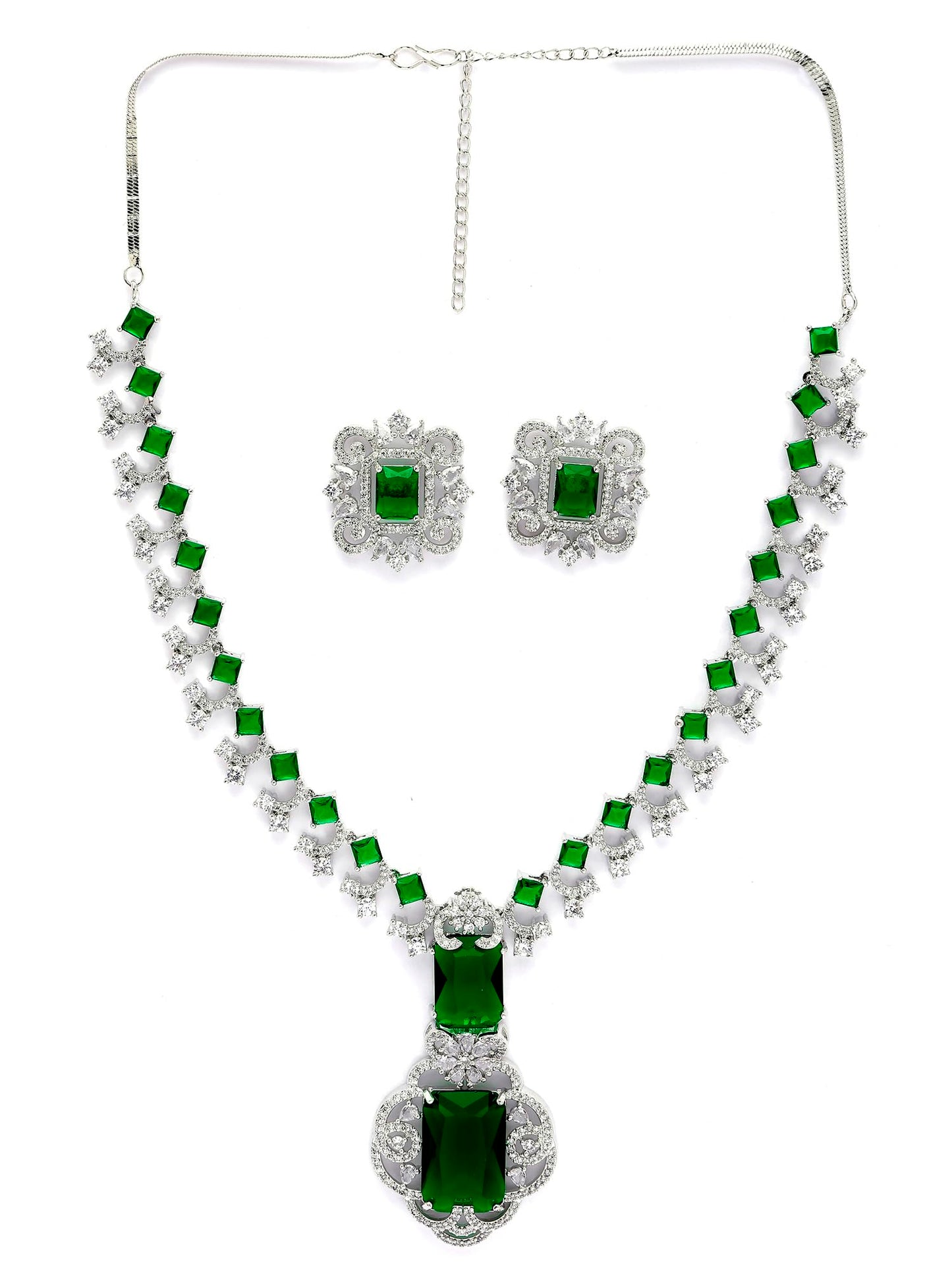 Silver Tone Green American Diamond Studded Necklace Set for Women